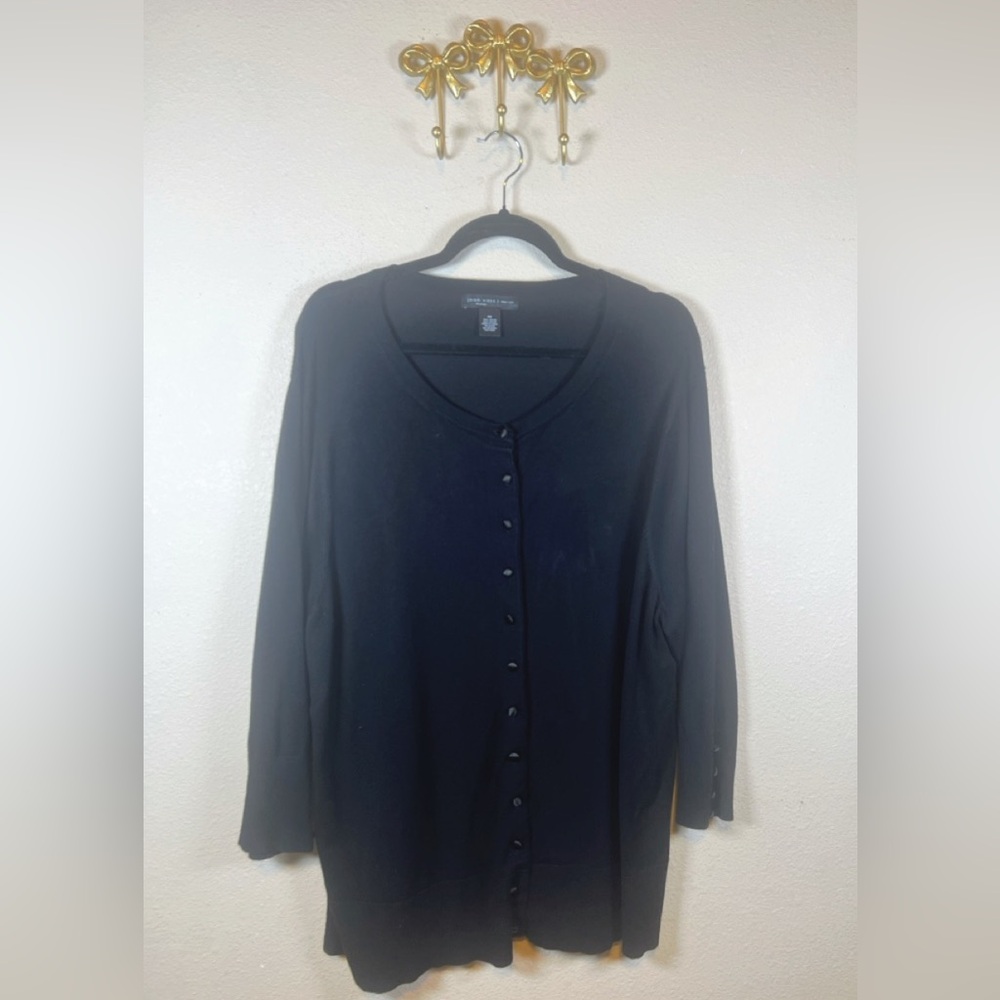 Joan Vass Black Button-Front Lightweight Cardigan. Unique Buttons.  Size 3X